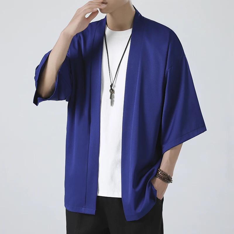 Spring Summer Men's Sun Protection Clothing Japanese Kimono Shirts Casual Open Stitch Lightweight Solid Three Quarter Loose Couple Shirts M-5XL