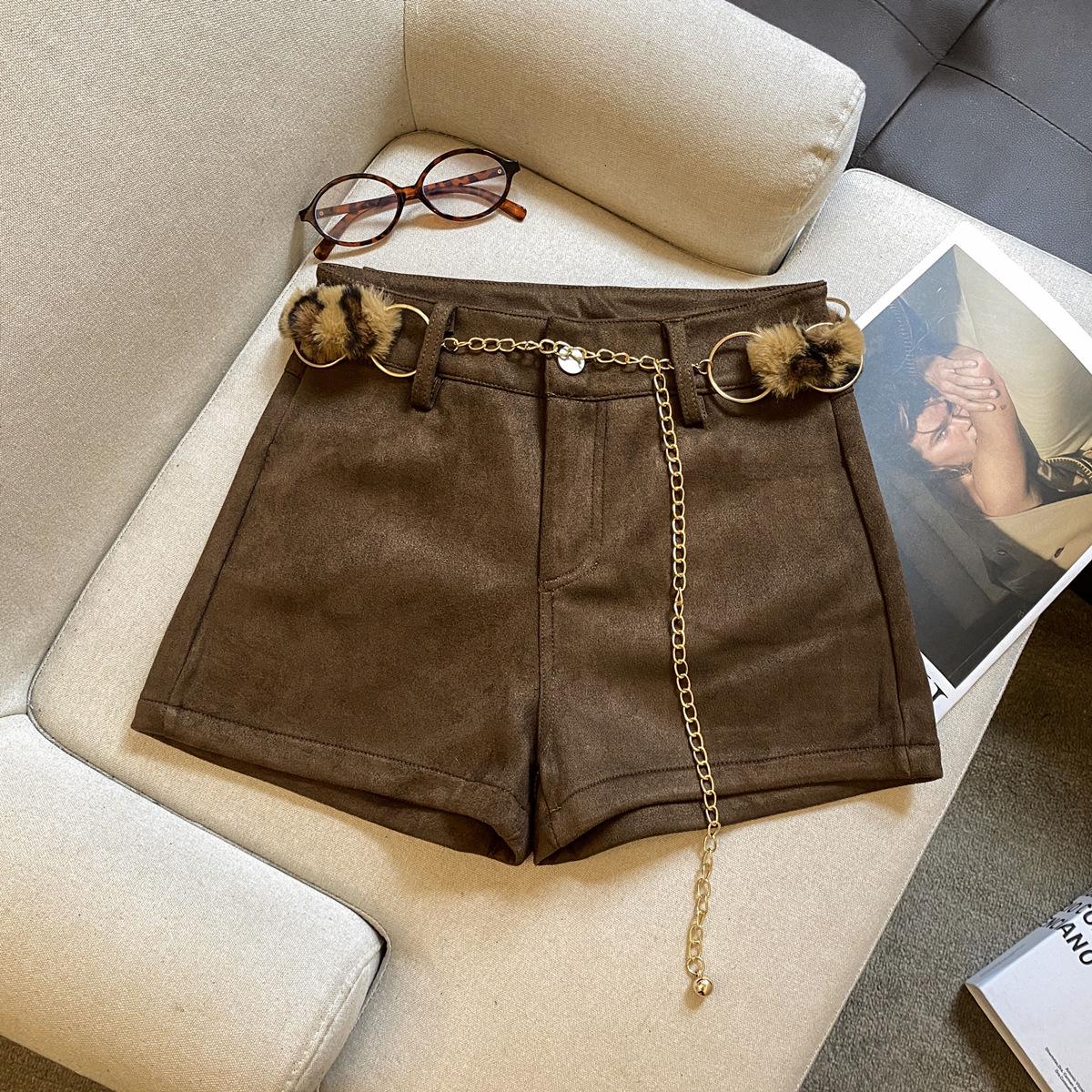 

High-Waisted A-Line Deer Suede Shorts for Women - Coffee Color, Plus Size, Spring/Fall, Trendy Hot Girl Style, Perfect as a Base Layer. 2X-Large