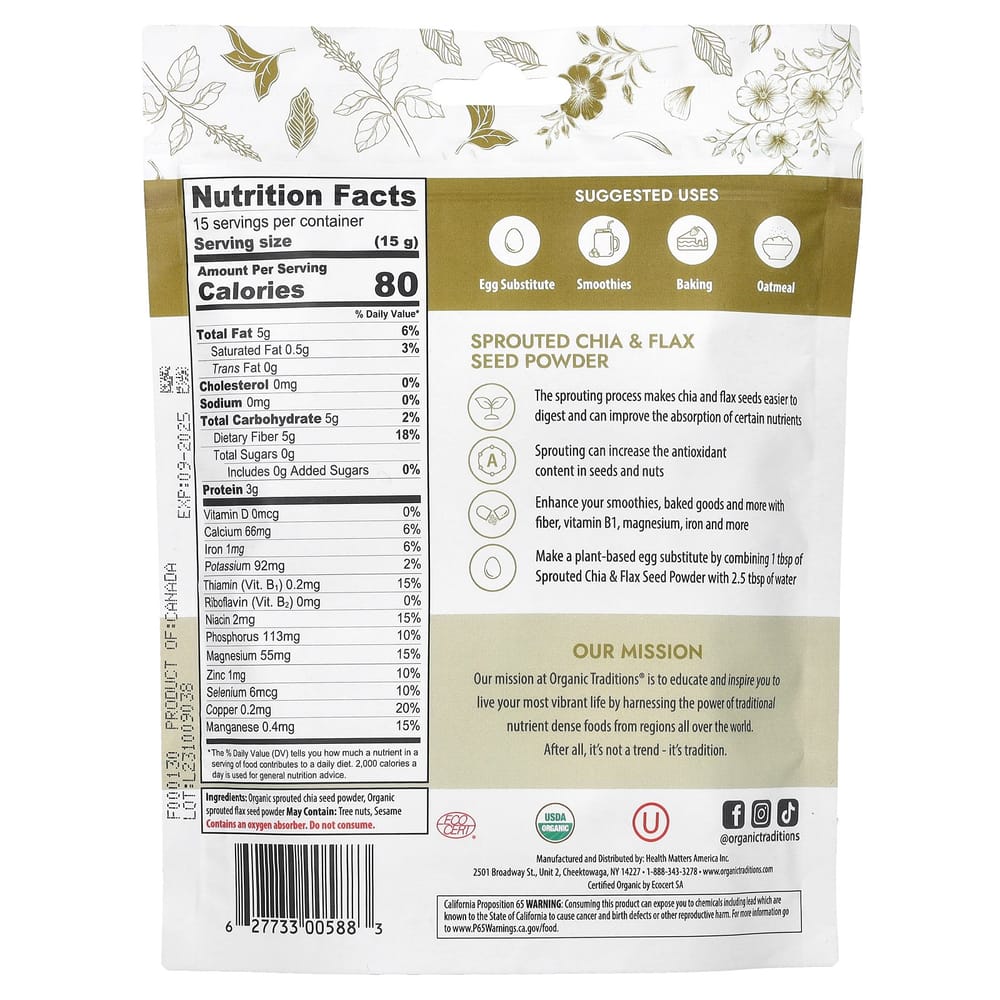 Organic Traditions Sprouted Chia & Flax Seed Powder 227g (8oz)