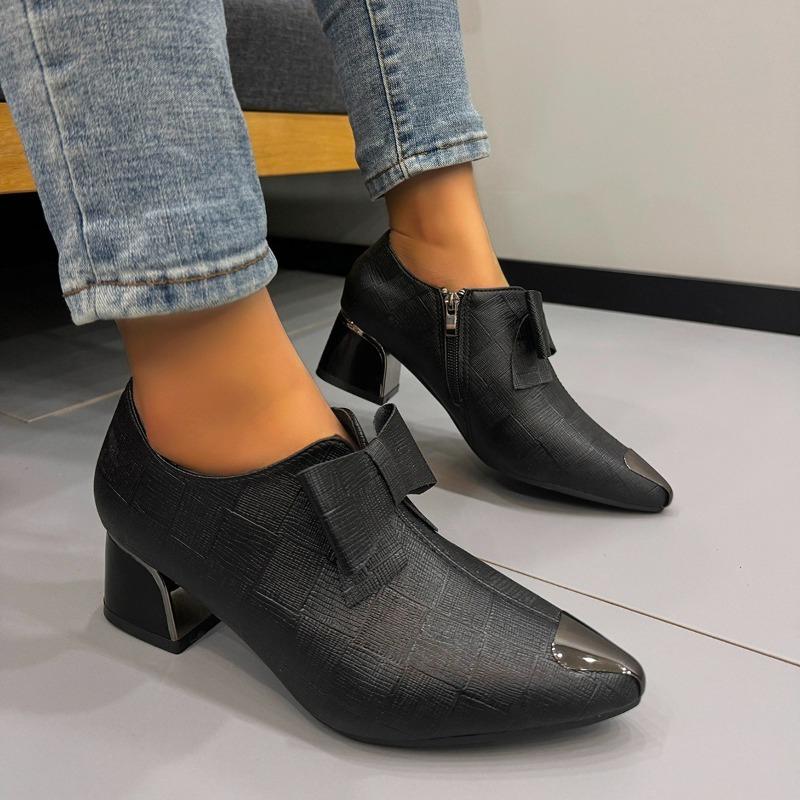 Fashion Soft Leather Block Heel Deep Mouth Single Shoes Women's Pointed Toe Deep Mouth Soft Sole Casual Side Zipper Kitten Heel Shoes