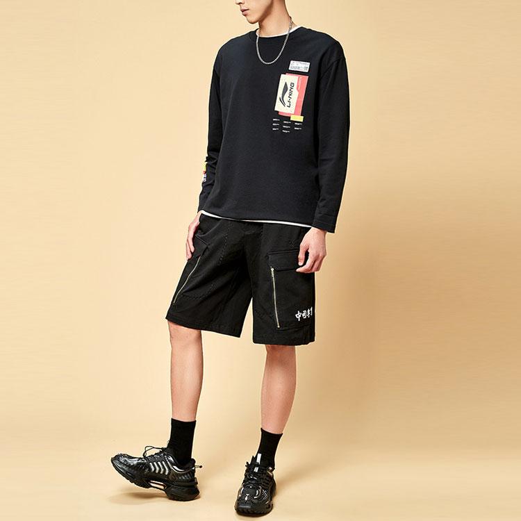 Li Ning Sports Basketball Series Logo Print Locker geschnittenes Langarm-T-Shirt Herbst Unisex Oberteile Schwarz AHSR823-2
