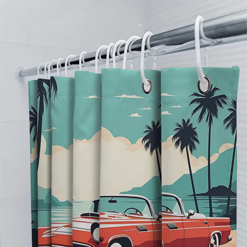 Vintage Red Convertible Seaside Scenery Shower Curtain Exquisite Artistic Pattern Waterproof Bathroom Hanging Curtain Easy-Clean
