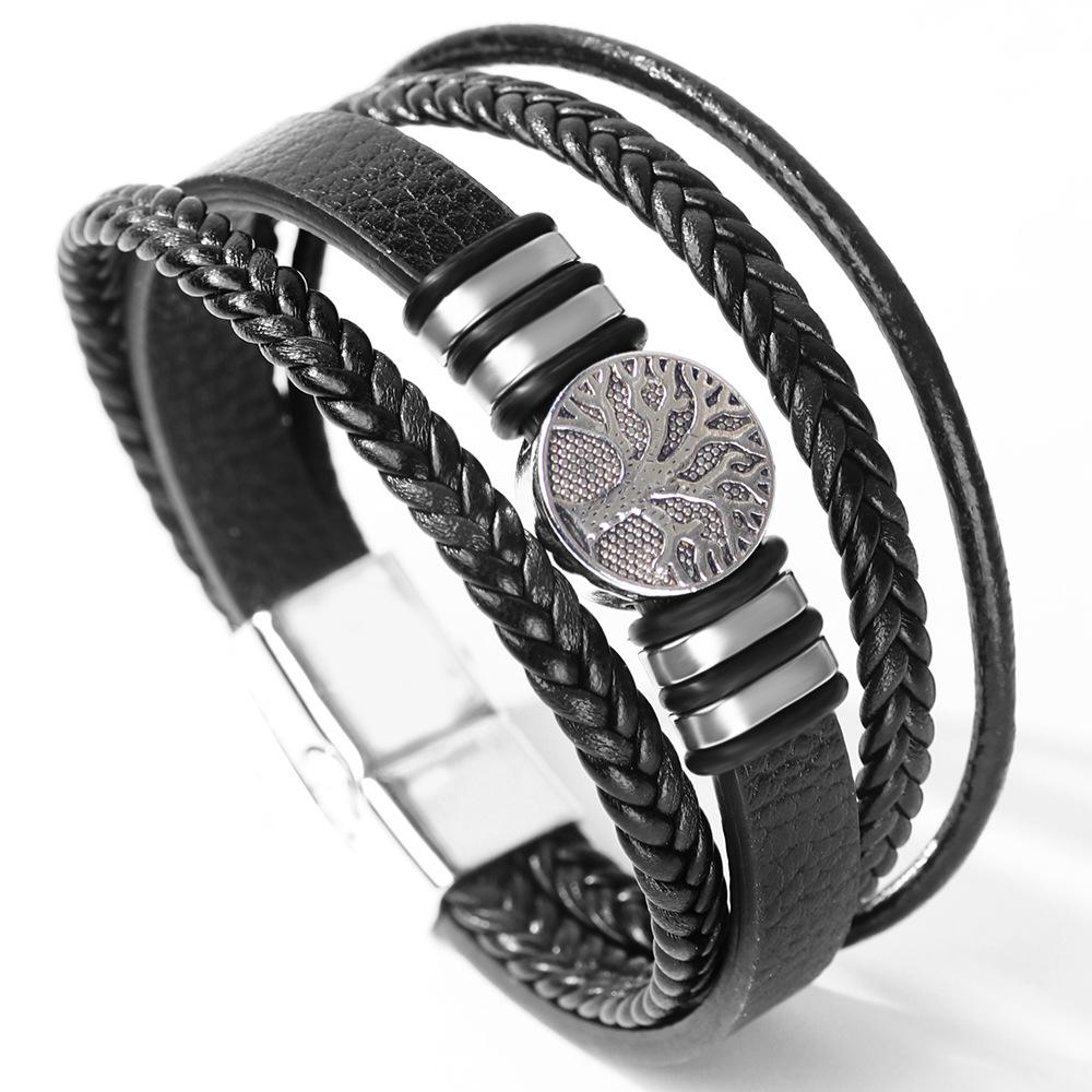 JMXD Leather Bracelet Tree of Life Stainless Steel Oval Ring Woven Braided Strap Fashion Accessory Unisex Gift