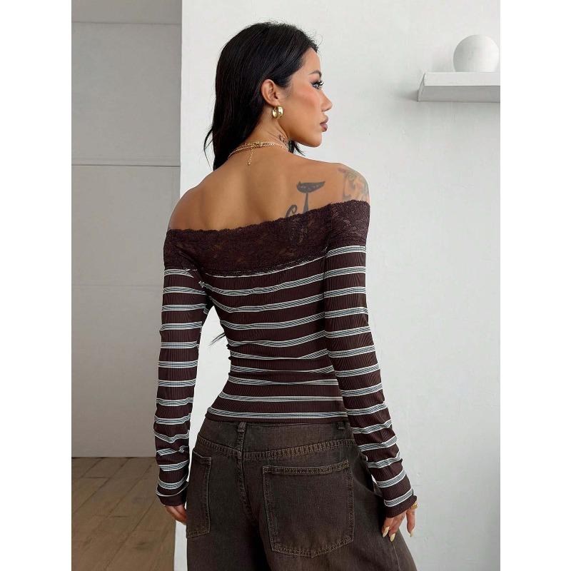 TIFICY Women's Fashion Casual Spring Autumn Stripe Print Long Sleeve One Shoulder Blouses & Shirts
