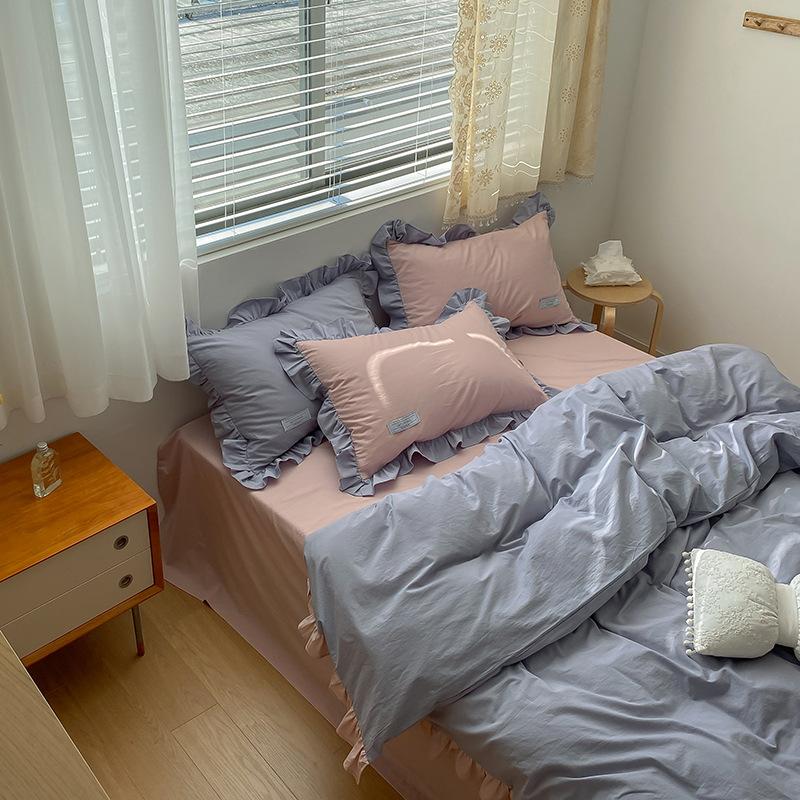 

Кремовый девичий контрастный стираный хлопковый комплект из четырех предметов из чистого хлопка с кружевом принцессы в корейском стиле, хлопковые пододеяльники 1.2m bed sheet 3pcs