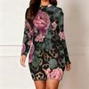 2025 Autumn and Winter New 3D Flower Print and Dyeing Women's Fashion Long-sleeved Round Neck Hip-wrapped Dress Valentine's Day Limited