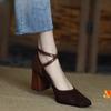 New Heels Women's New Scrub Leather Paneled Vintage Square Toe Block Heel Cross Buckle Mary Jane Single