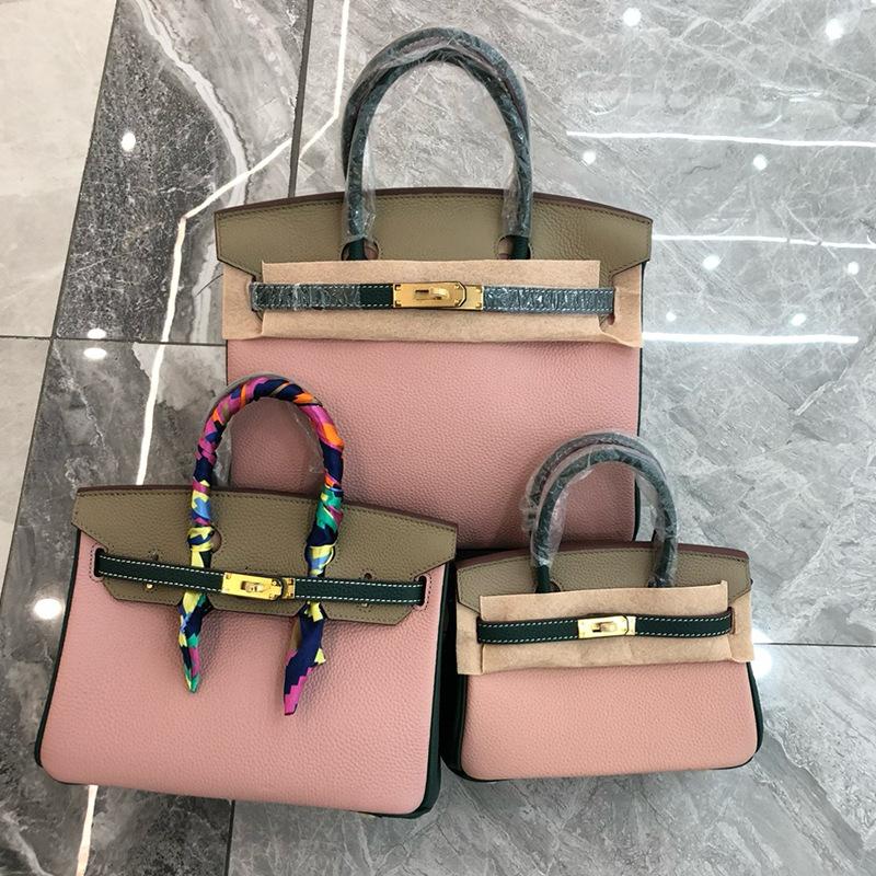 Cross-border Lychee Pattern Color Matching Platinum Bag Cowhide Women's Bag Contrasting Color Handbag Large Capacity Shoulder Crossbody Wedding Bag