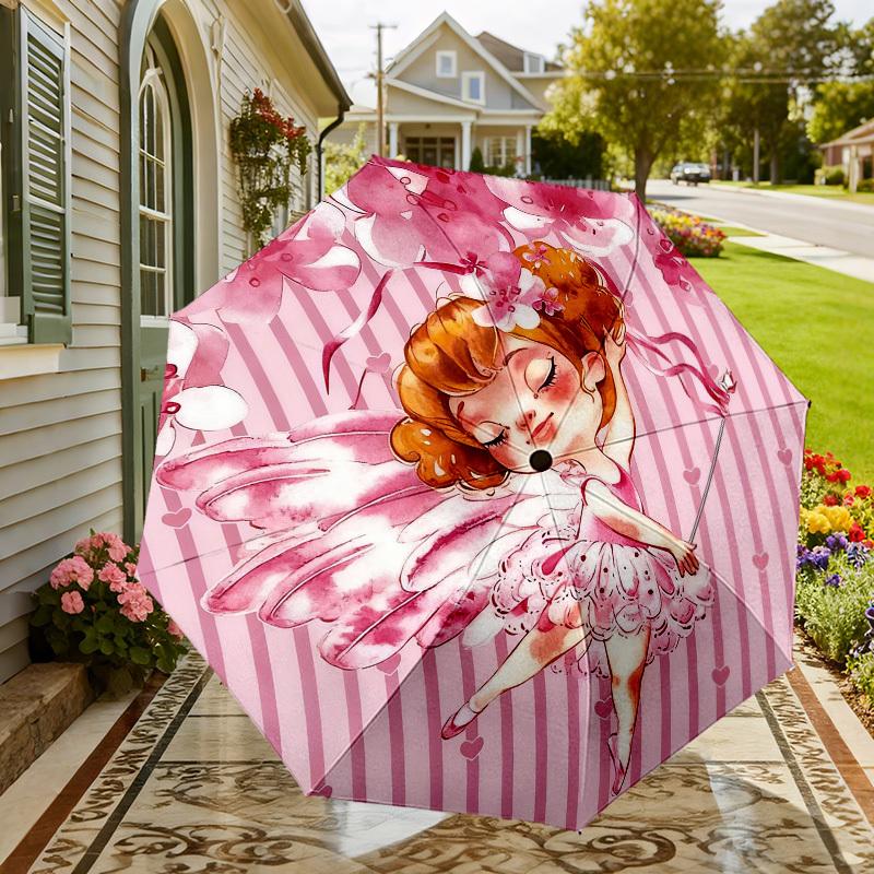 1pc fairy flower Automatic Folding Umbrella, Heavy Duty 8 Rib Iron Frame,  Suitable for Travel, Daily Use, Birthday, Decor Gift m0104034