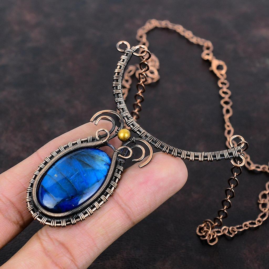 Blue Fire Labradorite Necklace Copper Wire Wrapped Necklace Adjustable Necklace Handmade Natural Gemstone Necklace Copper Jewelry For Women