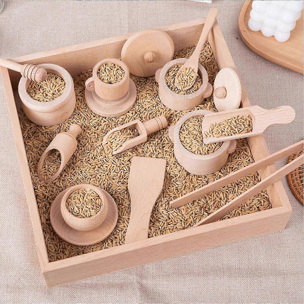 Holz-Teegeschirr Spielzeug Sensorik-Kasten Werkzeuge, Kinder Rollenspiel Küchenzubehör für Vorschulkinder Kleinkinder 11 Stück