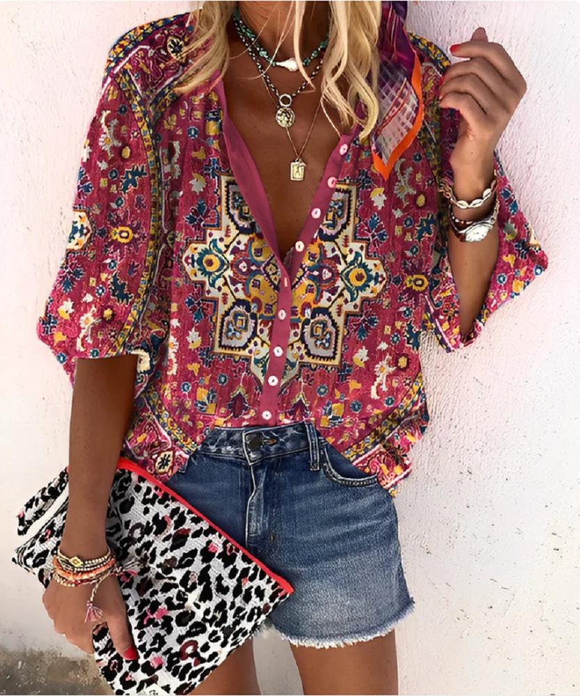 #Fashion Summer Women s Stand-Up Collar Loose Button Retro Printed Casual Shirt S