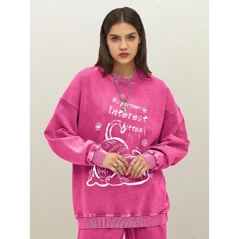 Partner Kitten Flower Cute Prints Woman Washed Sweatshirt Cotton Soft Pullover Loose Casual Clothing Autumn