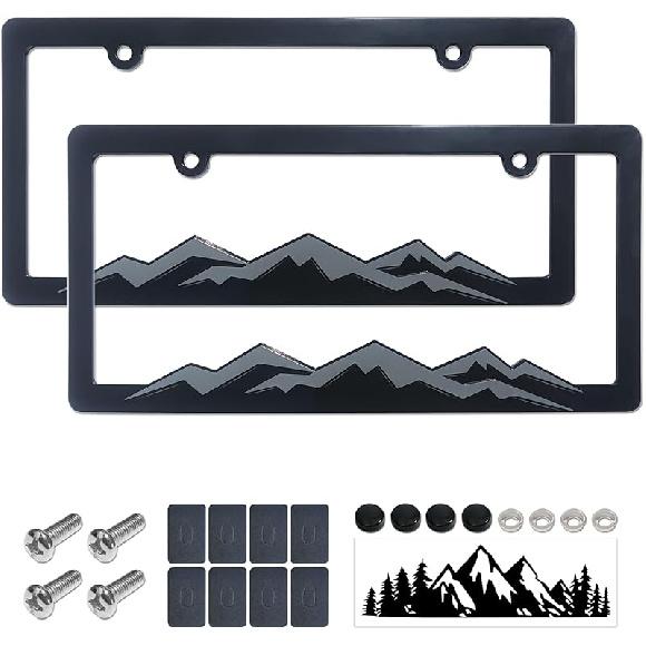 Mountain License Plate Frames- White On Black 3D Mountain Raised, ABS Plastic Car Tag Holder | Includes Rust-Proof Screws, Caps & Free Vinyl Decal