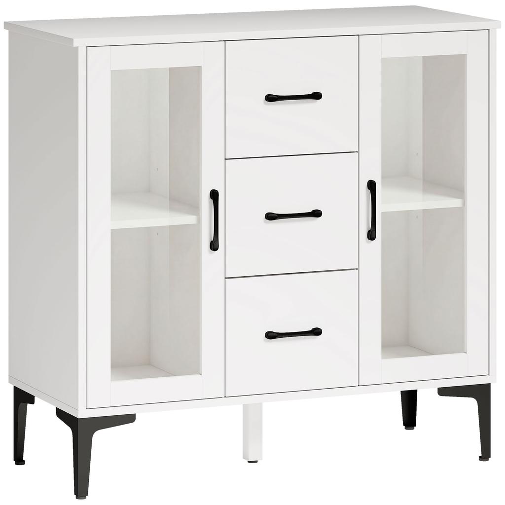 Modern Sideboard with Soft-Close Doors, Buffet Cabinet with 3 Drawers, 2 Glass Doors, Adjustable Shelves, MDF, White