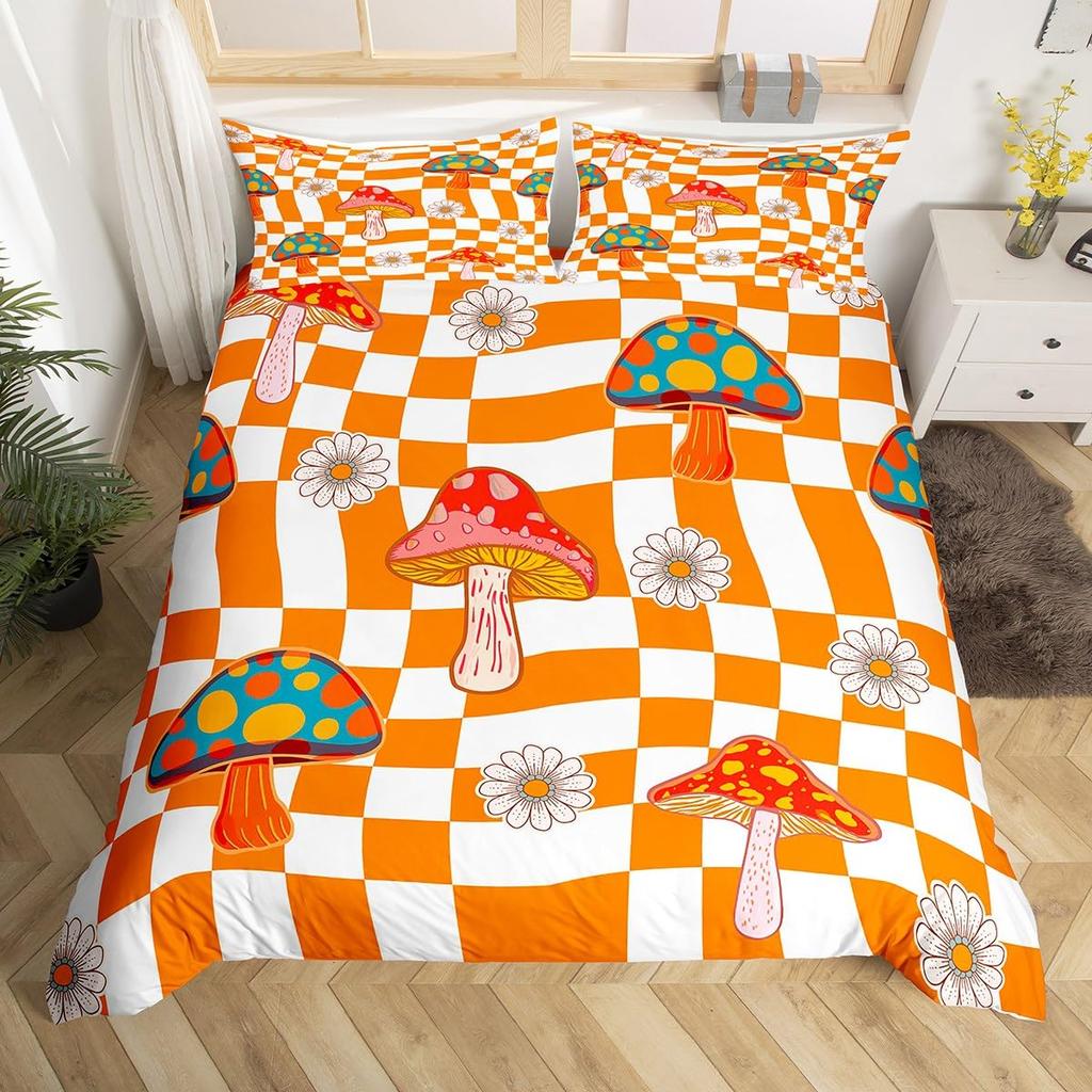 Retro 60S 70S Groovy Flower Duvet Cover,Colorful Hippie Floral Bedding Set Queen,Cartoon Rainbow Mushroom Daisy Comforter Cover