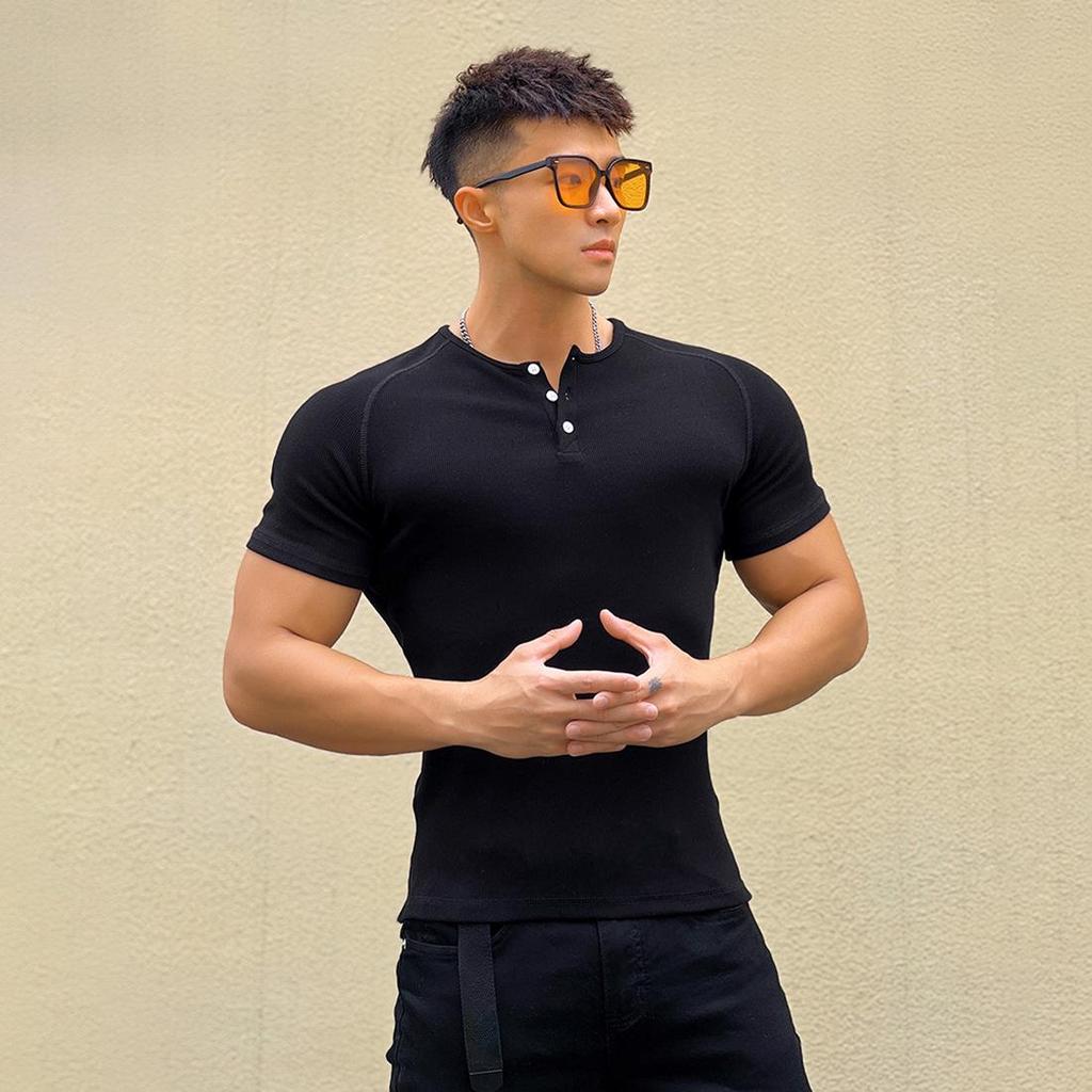 Men's Slim Fit Ribbed T-Shirt - Stretchy, Tight-Fitting, Round Neck, Short Sleeve, Muscle-Defining Fitness Tee