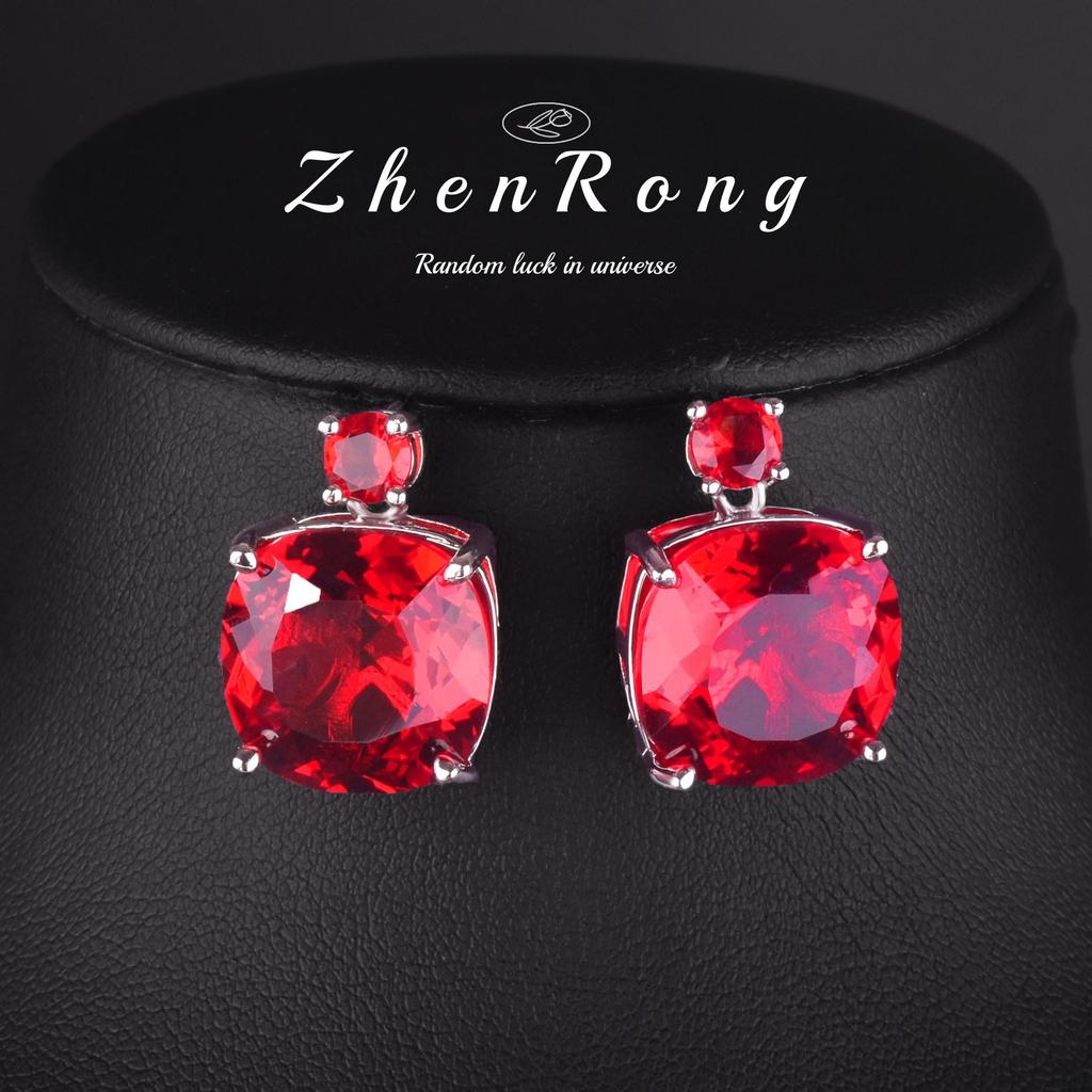Fashion Square Red Corundum Zircon Sets Luxury Elegant Cocktail Party Three-piece Zircon Set Rings Stud Earrings Necklaces
