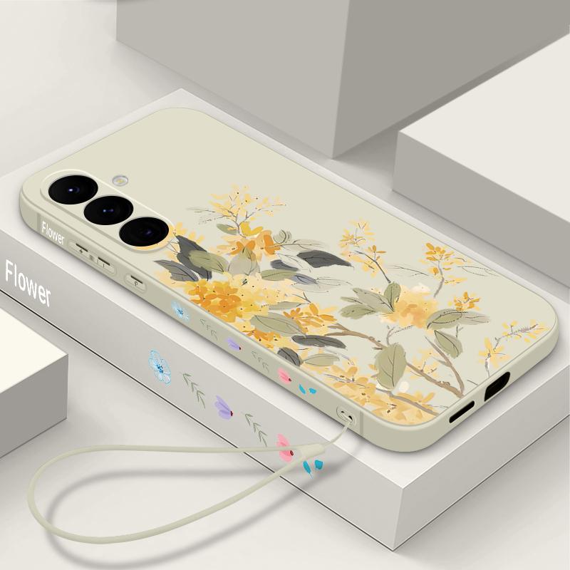 Colorful Flower Print Lanyard Phone Case For Samsung Galaxy A57 A17 A56 A16 A55 A15 A36 S25 FE S26 S24 S23 S22 Ultra Soft Cover