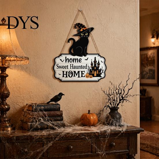Rustic Wood Ornaments Halloween Wooden Welcome Door Sign, Black Cat Ghost Pumpkin Hanging Decor Indoor Outdoor Decorations for Porch, Farmhouse Spooky