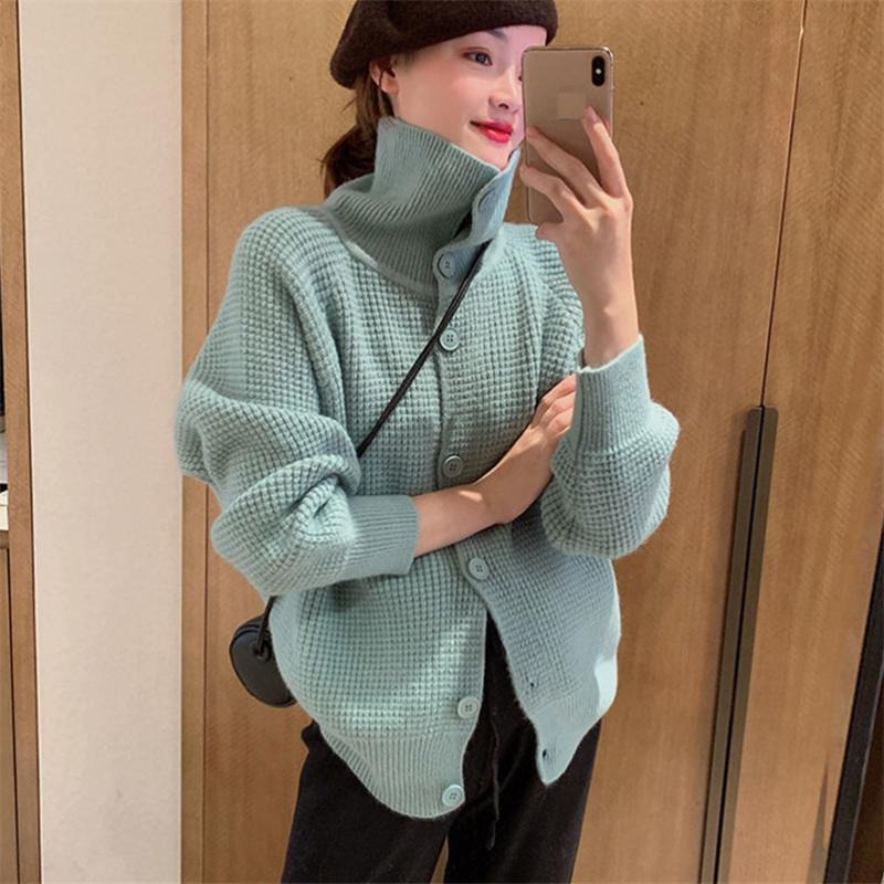 Cardigan Sweater Female Waffle Turtleneck Knitted Women Loose Casual Sweater Single-breasted Sweater Cardigan Coat