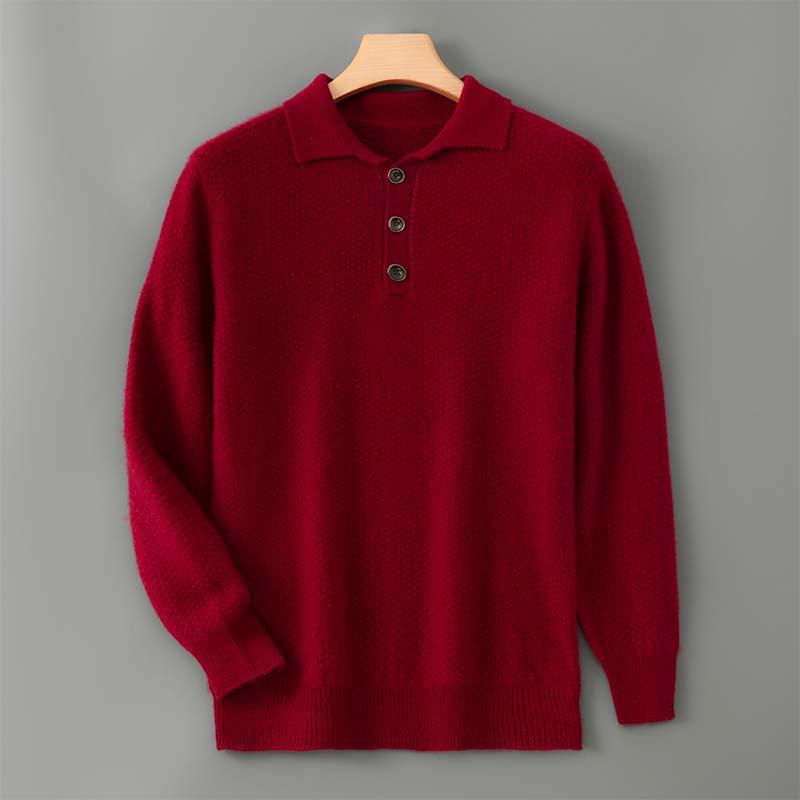 Men's Pure Wool Polo Collar Cardigan: Loose, Button-Up, Business Casual Cashmere Knit Sweater