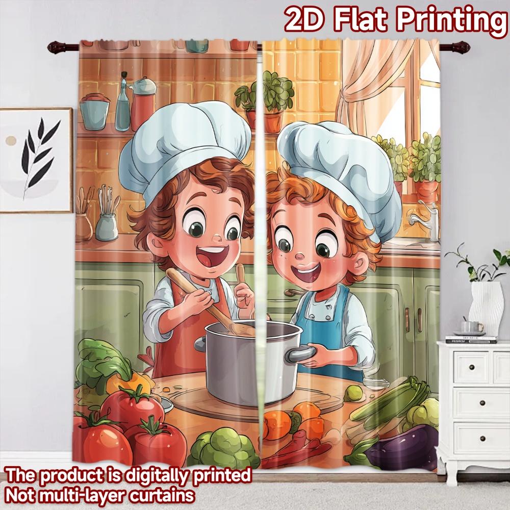 2D flat printing 2pcs Curtain Drapes Kids Cooking Together Digital Printed Polyester Drapes Festive Curtains for New Year