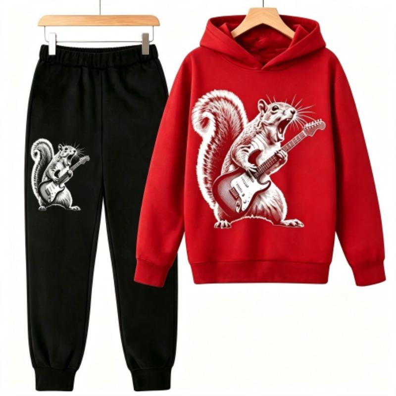Fashion Rock Squirrel Guitar Player Animal Squirrel Print Kids Pullovers Pants 2-piece Set Street Casual Fashion Hoodies Vintage Boy's Girl Clothes