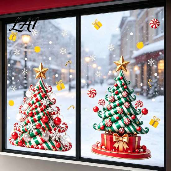 Weatherproof Balcony Stickers Christmas Tree Window Decals Candy Striped Snowflake Wall Stickers Waterproof Festive Home Decor PVC Removable
