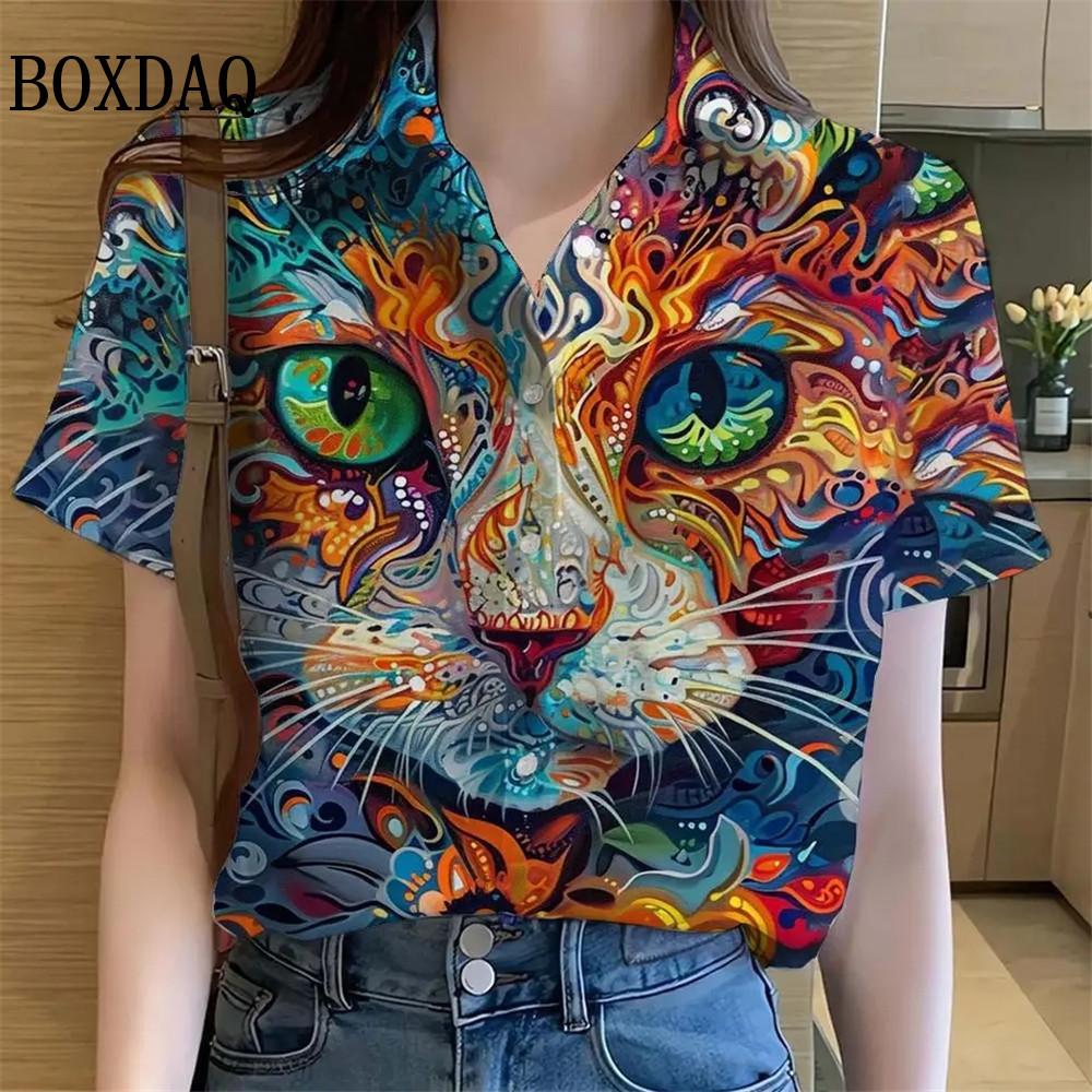 Womens Shirts Artistic Cute Cat Printed Casual Hawaiian Short Sleeve Button Beach Shirt Summer New Blouse Women's Clothes 2025