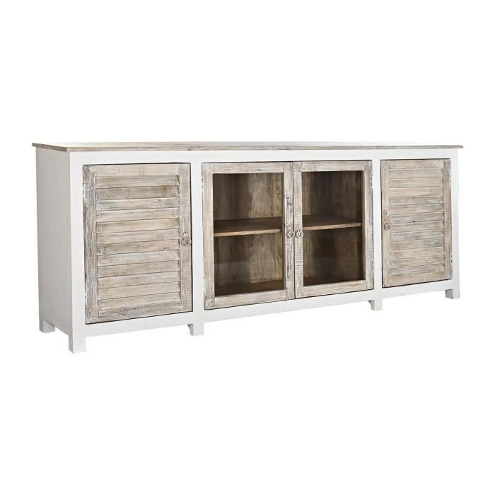 Buffet bas - Bois de manguier - 4 portes - Blanc - Marron clair - 210x40x82 cm