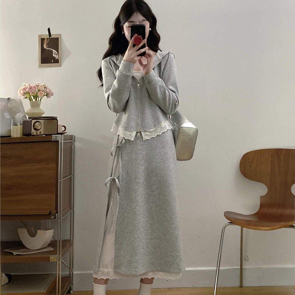 Lingerie Style Lace Hooded Sweatshirt And Midi Skirt Set For Casual Wear