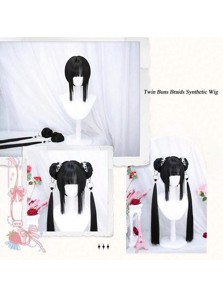 Anime-Inspired Cosplay Wig with Bangs - Heat Resistant, Straight Black & Blue Highlights, Dual Ponytails for Kawaii Look