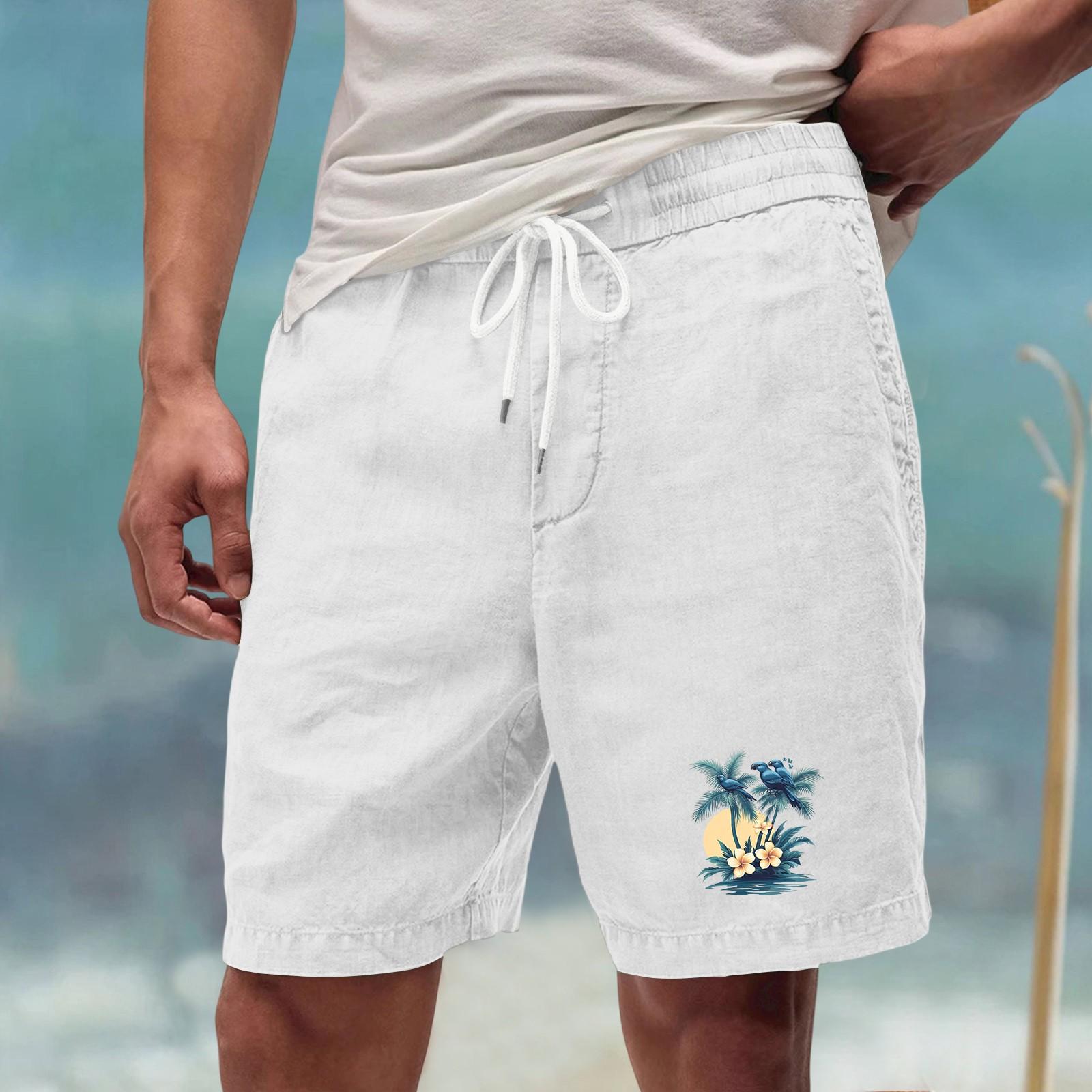 

Men’s Casual Drawstring Beach Shorts with Tree Print, Lightweight Quick-Dry Swim Trunks for Summer Vacation, Navy Blue XL білий