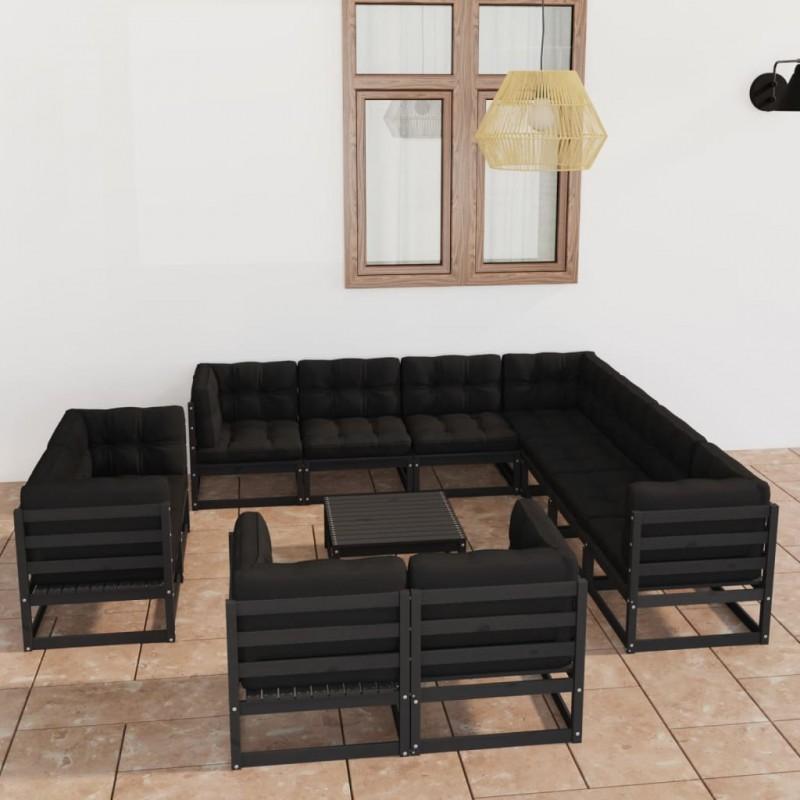 Día y Noche - Día y Noche Set de muebles de jardín 12 pzas con cojines madera pino negro