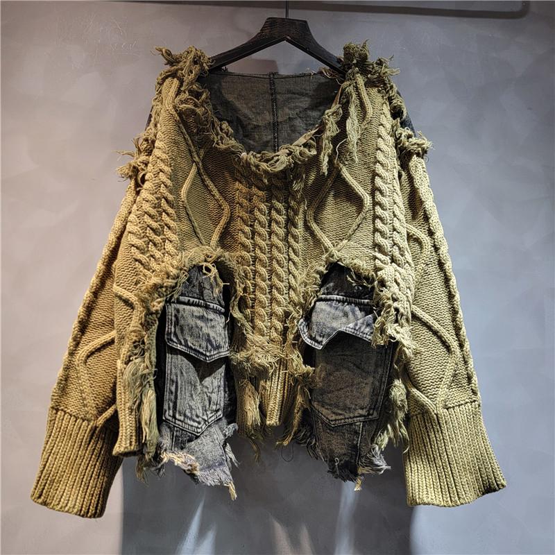 Women Irregular Do Old Pullover Patchwork Pockets Design Vintage Washed Denim Sweater
