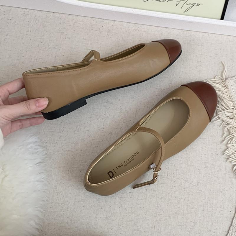 

IPPEUM Flat Shoes Women Round Toe Mary Janes Flats Black PU Leather Ballerina Shoes 225