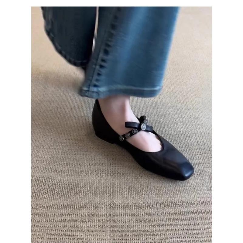 Fashion Vintage Metal Decoration Mary Jane Flats Women Bowknot Square Toe Dress Pumps Elegant Office Brand Designer Shoes Sandals