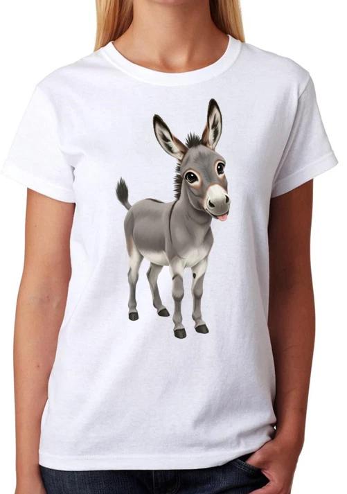 Cute Donkey Cartoon Farm Animal Illustration Ladies T-Shirt Funny Tee M