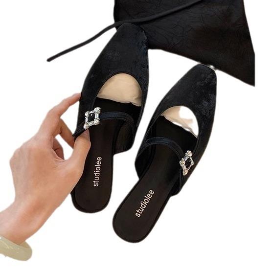 Grape Mother, the Same 2025 Summer French Square Head Diamond Buckle with Low Heel Muller Bag Head Half Slippers Women's Outer Wear