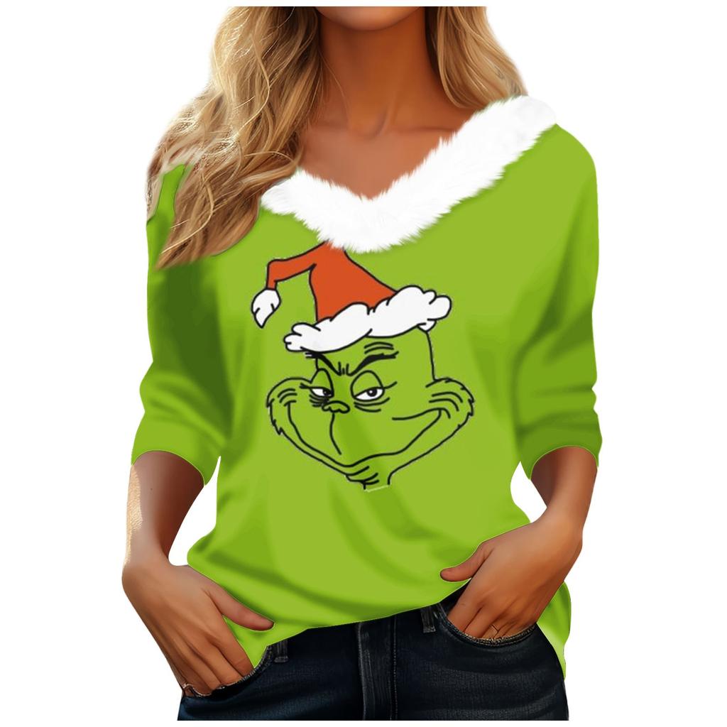 Women's T Shirt Tee Christmas Shirt Long Sleeve Party Christmas Fleece Collar V Neck Top