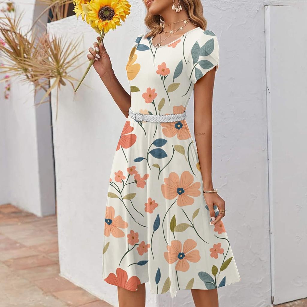 Women's Casual Fashion Round Neck Printed Short Sleeve Pocket Dress