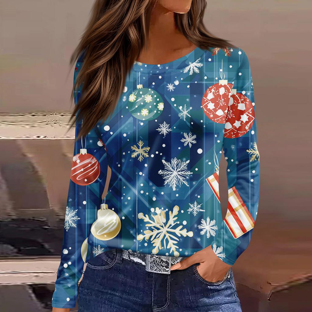 Women's Fashion Casual Slit Hem Round Neck Long Sleeve Loose Christmas Printed T-Shirt Ladies Top