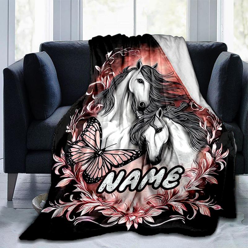 1PC Custom Name Horses Butterflies Artwork Flannel Blankets Patterns Throw Blanket All-Season Soft Gift for Couch, Bed, Camping Gifts