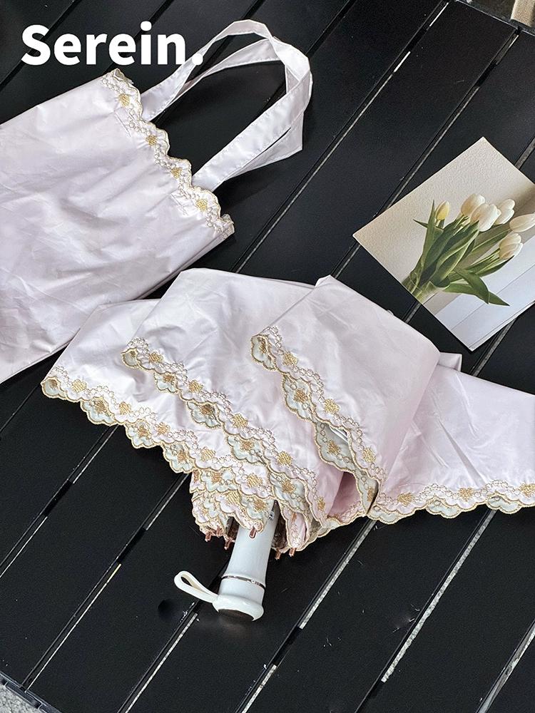 

Вышитый солнцезащитный зонт для защиты от солнца. Защита от ультрафиолета подходит как для солнечных дождливых женщин. Легкий однотонный складной зонт от солнца.