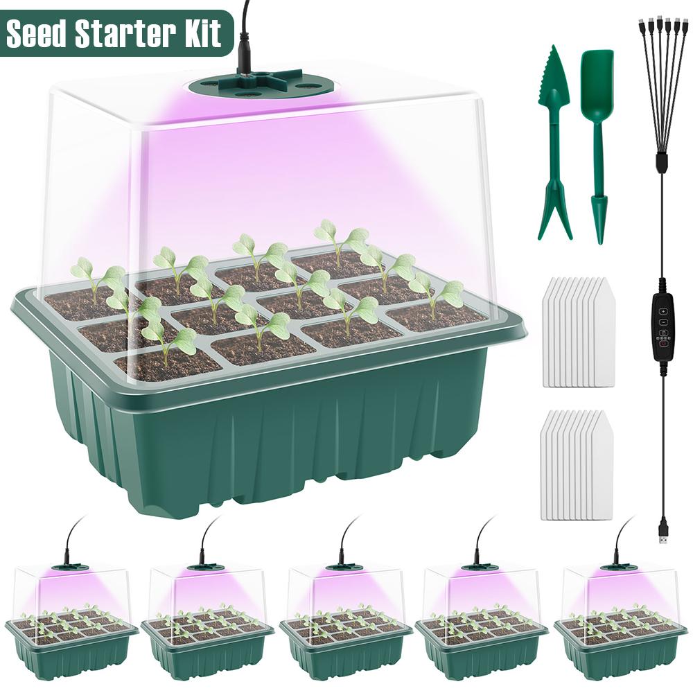 Seed Starter Tray with Grow Light Humidity Adjustable Seedling Trays Mini Propagator Triple Lighting Modes Gardening Accessories