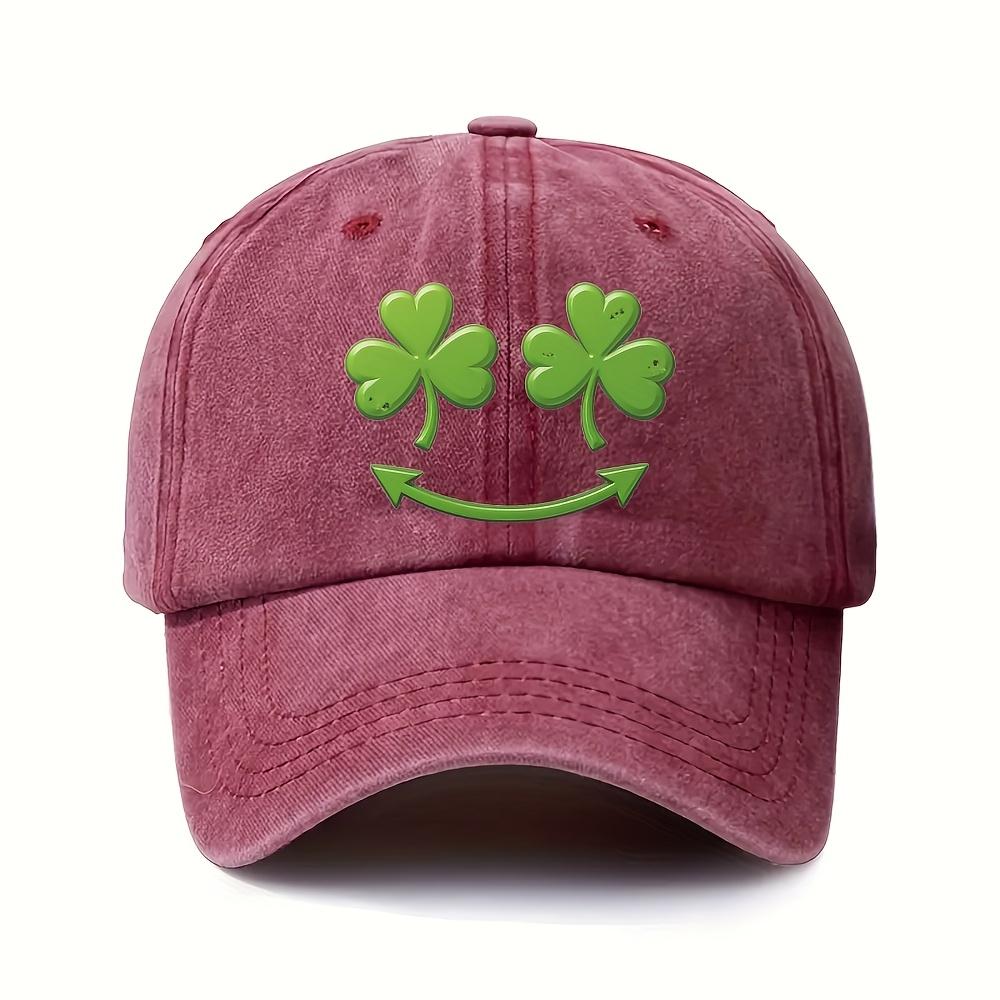 Lucky Clover Smiley Face Baseball Cap Adult Polyester Distressed Casual Sports Adjustable Cap