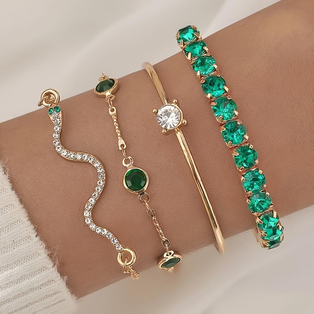 4-piece Set of Vintage Bohemian Style Green Rhinestone Snake Chain Bracelets, Fashionable Animal Theme Jewelry, Suitable for Women