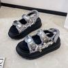 Sports Sandals Girl 2025 New Summer Fairy Wind Platform Muffin Shoes Velcro Sequins Seaside Beach Shoes