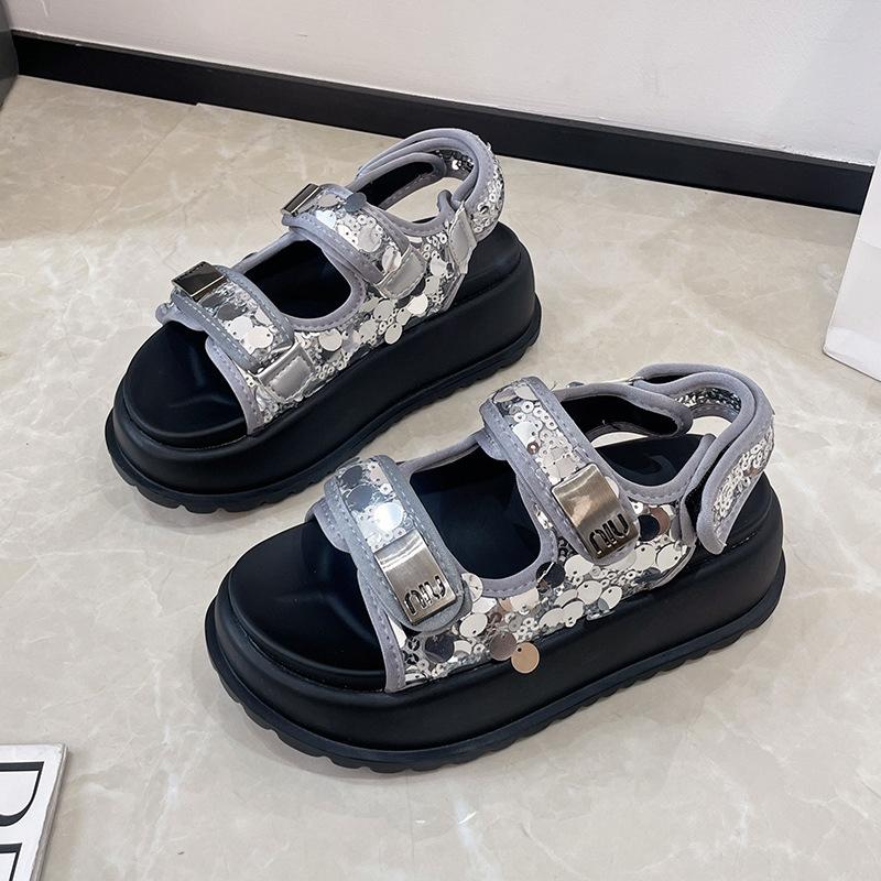 Sports Sandals Girl 2025 New Summer Fairy Wind Platform Muffin Shoes Velcro Sequins Seaside Beach Shoes